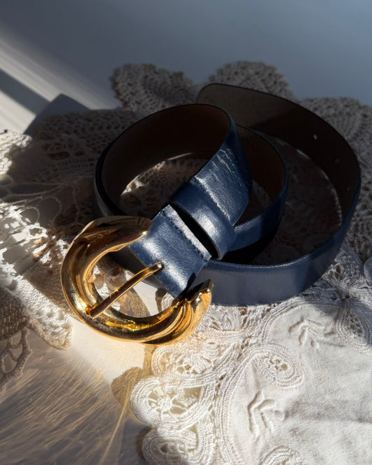 1980's Gold Buckle Navy Blue Leather Belt- Size S/M