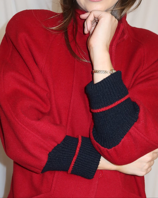 Vintage 1980’s Red Wool Peacoat with Retro Varsity Sweater Trim Details- Size S/M