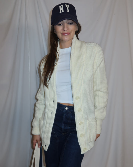 Vintage 1970's Chunky Ivory Varsity Bomber Cardigan- Size S
