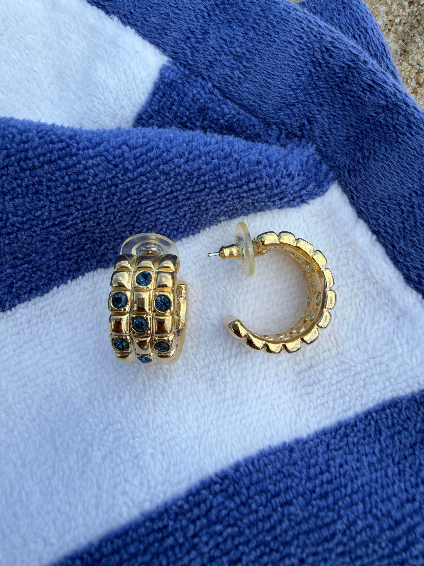 1980's Waffle Blue Stone Hoop Earrings