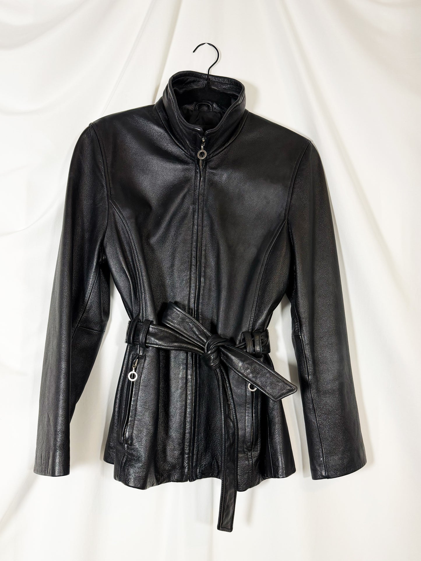 1990's Leather Belted Moto Jacket- Size S/M