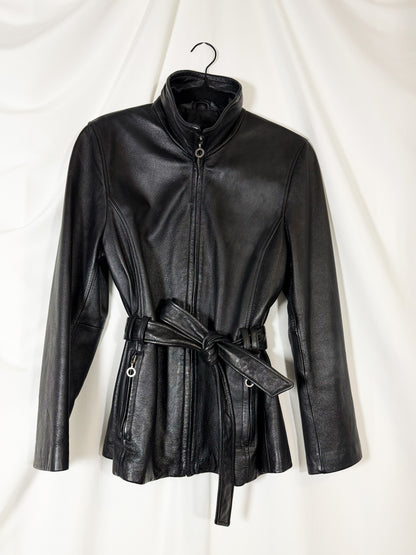 1990's Leather Belted Moto Jacket- Size S/M