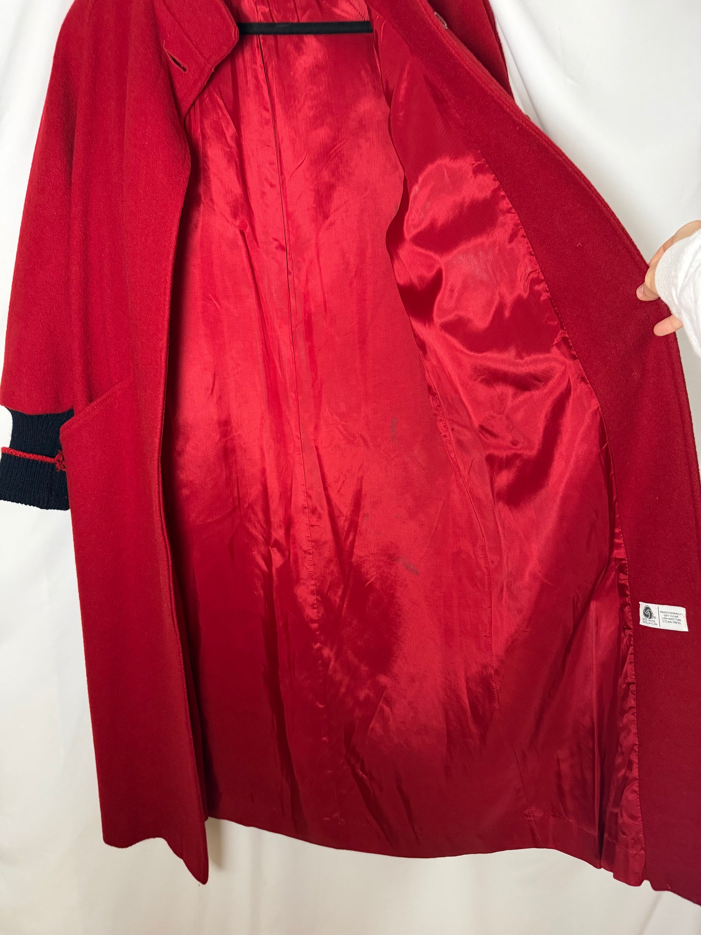 Vintage 1980’s Red Wool Peacoat with Retro Varsity Sweater Trim Details- Size S/M