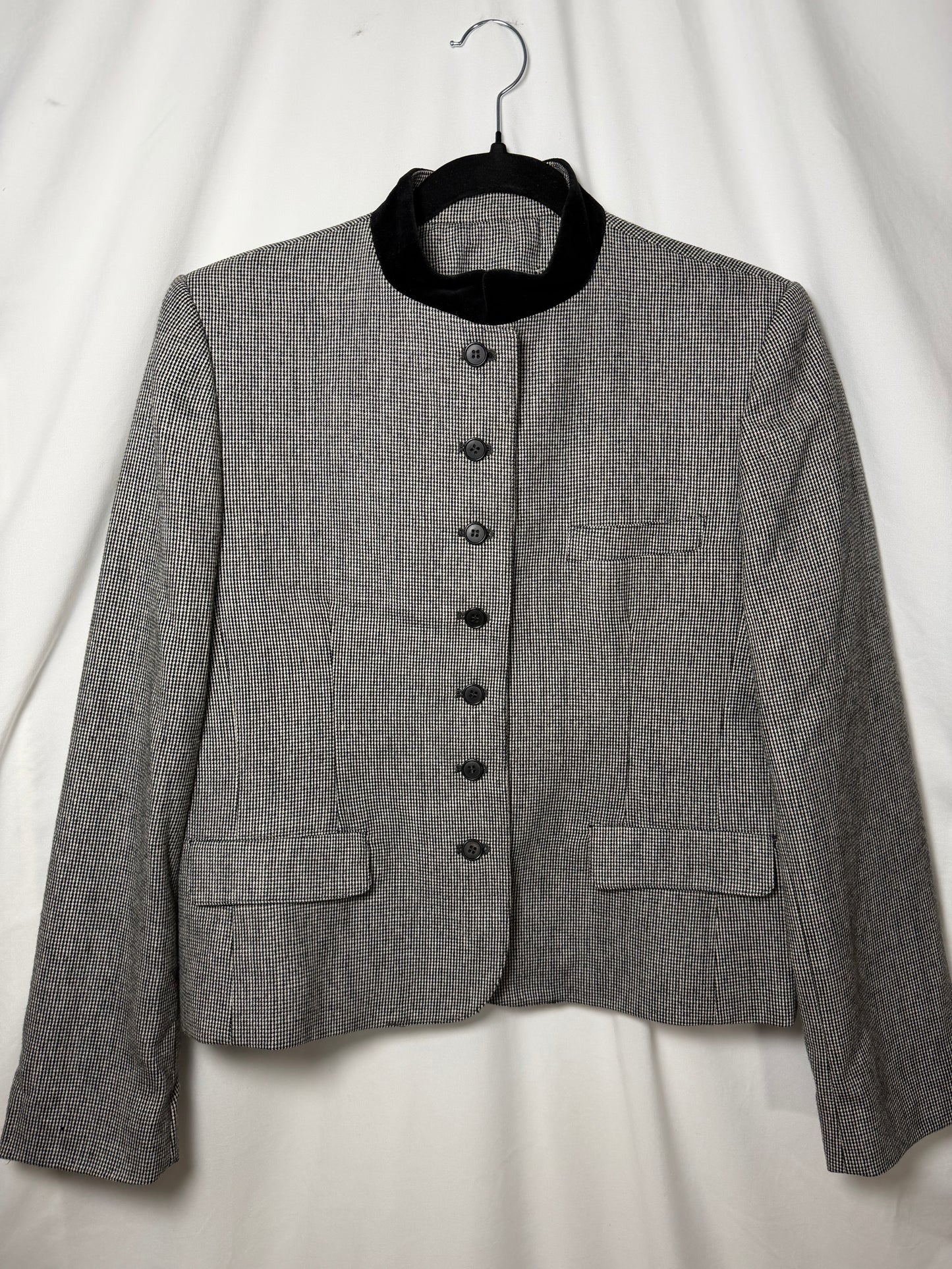 Vintage 1990's Black & White Wool Blazer with Velvet Mandarin Collar- Size S/M