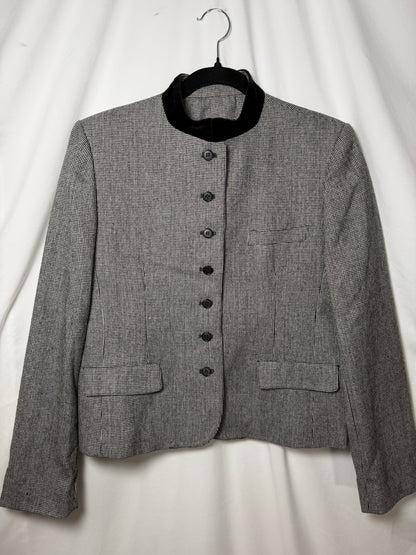 Vintage 1990's Black & White Wool Blazer with Velvet Mandarin Collar- Size S/M