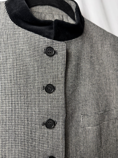 Vintage 1990's Black & White Wool Blazer with Velvet Mandarin Collar- Size S/M
