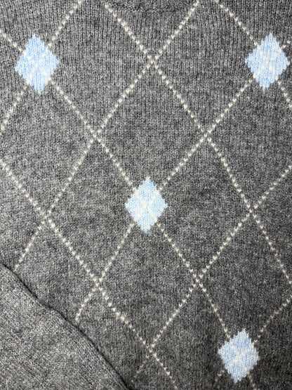 Vintage 1960's Heather Gray & Light Blue Wool Argyle Classic Sweater- Size XL