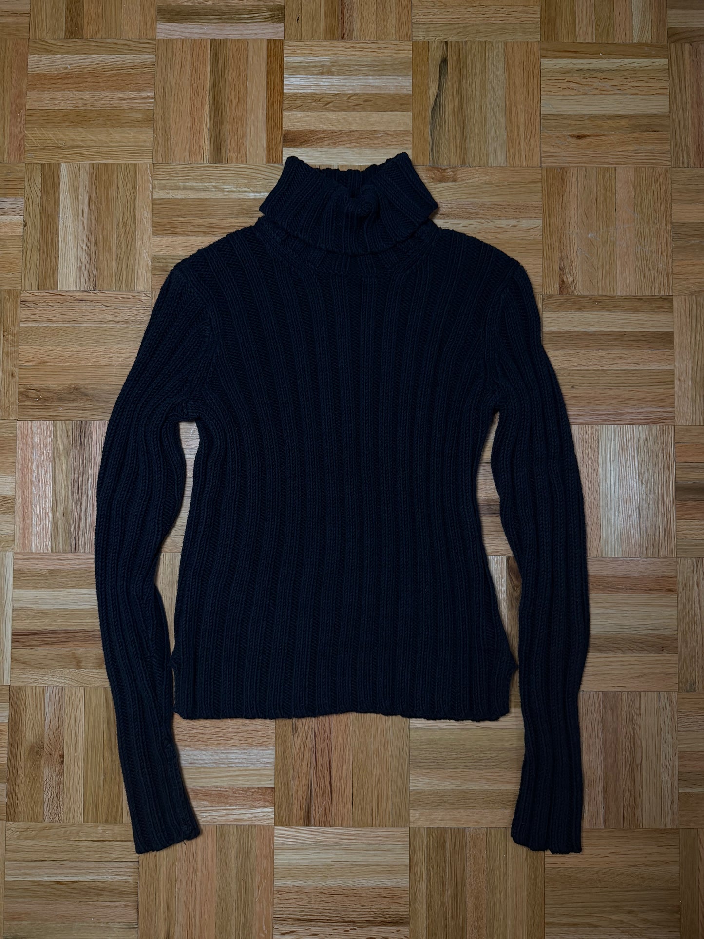 Vintage Y2K Heavy Cotton Wide Ribbed Black Turtleneck Sweater- Size S