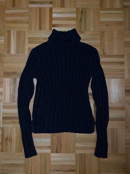 Vintage Y2K Heavy Cotton Wide Ribbed Black Turtleneck Sweater- Size S