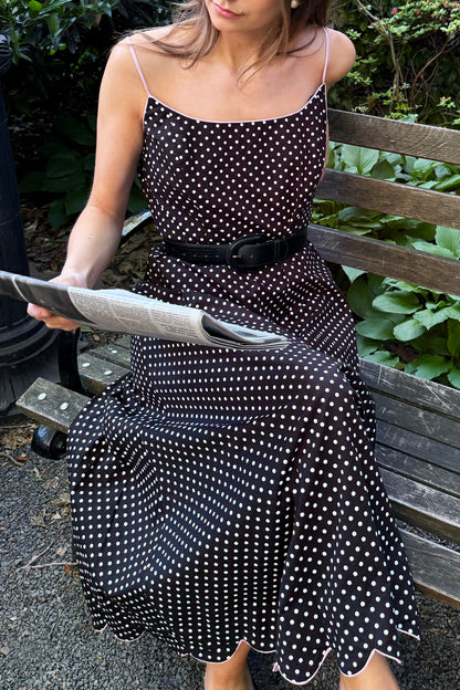 1990's Retro Inspired Polka Dot Scallop Hem Midi Dress- Size 10