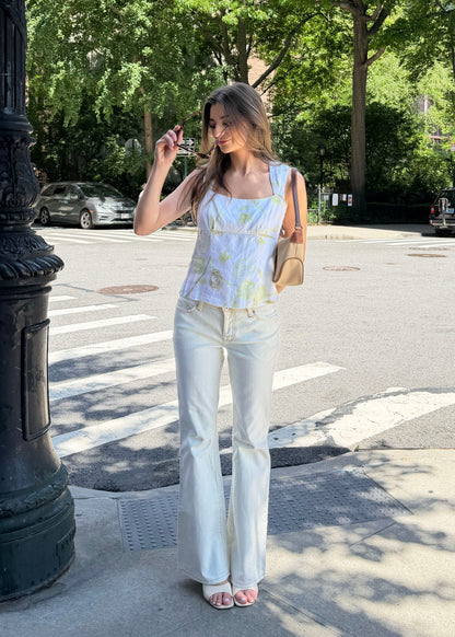 1990's 100% Linen White/Green Floral Square Neck Shell Top- Size 4/S/M
