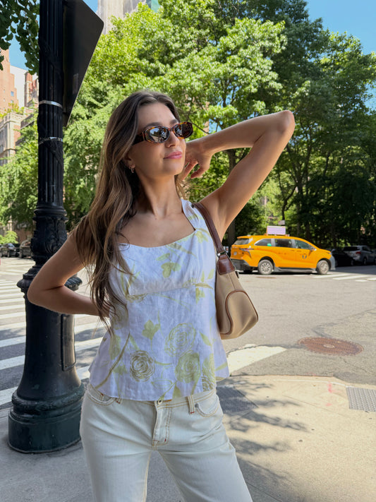 1990's 100% Linen White/Green Floral Square Neck Shell Top- Size 4/S/M