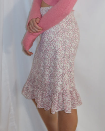 1990's Ditsy Ruffle Knee Length Skirt- Size S