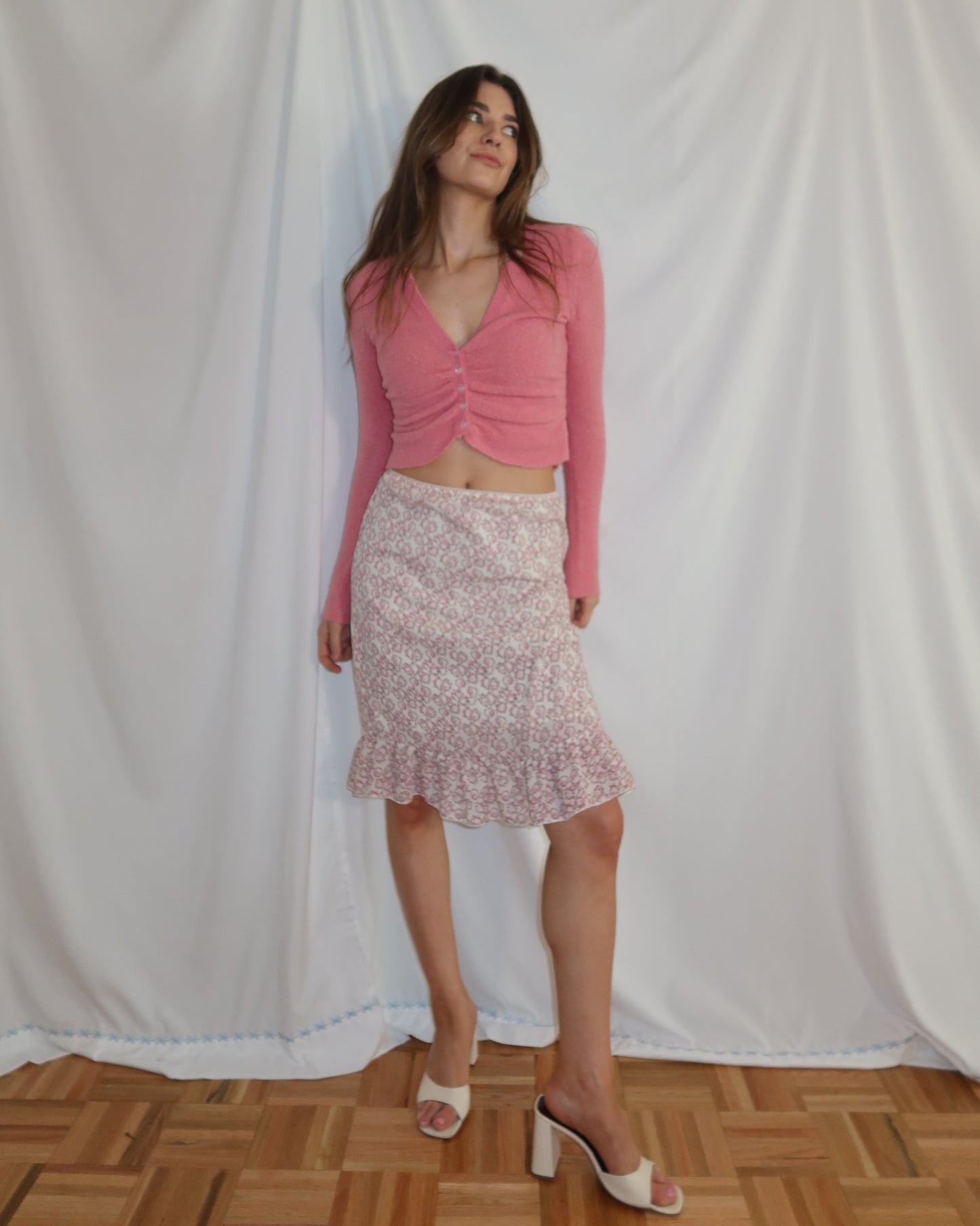 1990's Ditsy Ruffle Knee Length Skirt- Size S
