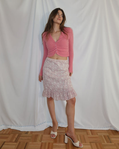 1990's Ditsy Ruffle Knee Length Skirt- Size S
