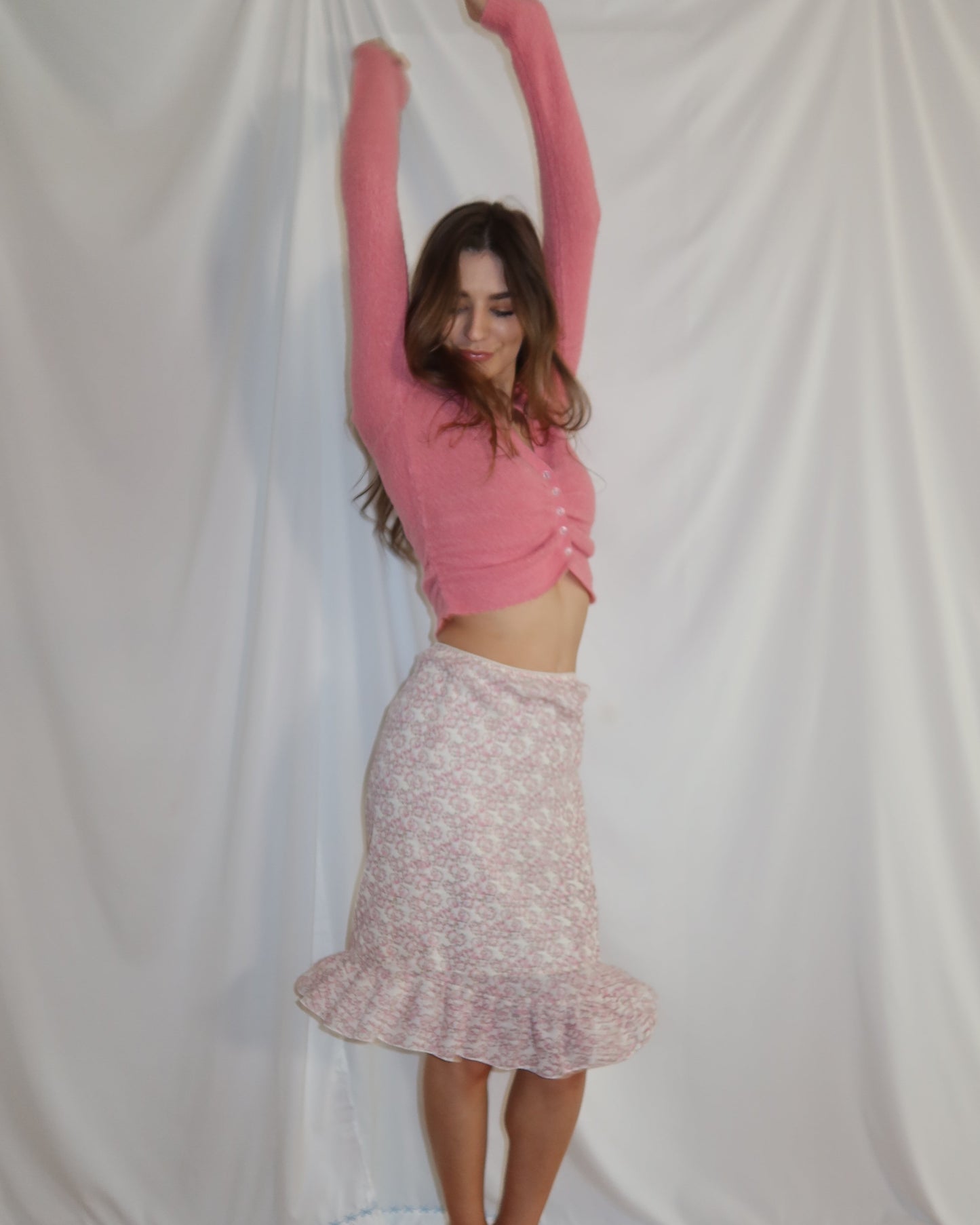 1990's Ditsy Ruffle Knee Length Skirt- Size S