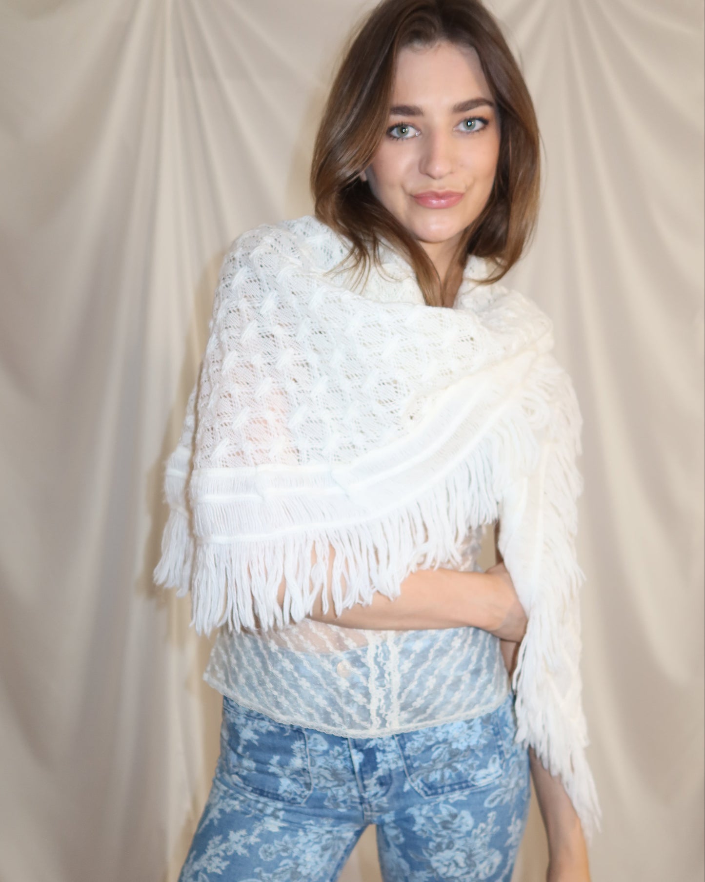 Handmade Pointelle Fringe Scarf/Cape