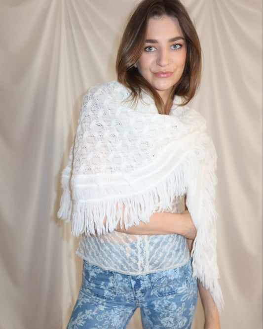 Handmade Pointelle Fringe Scarf/Cape