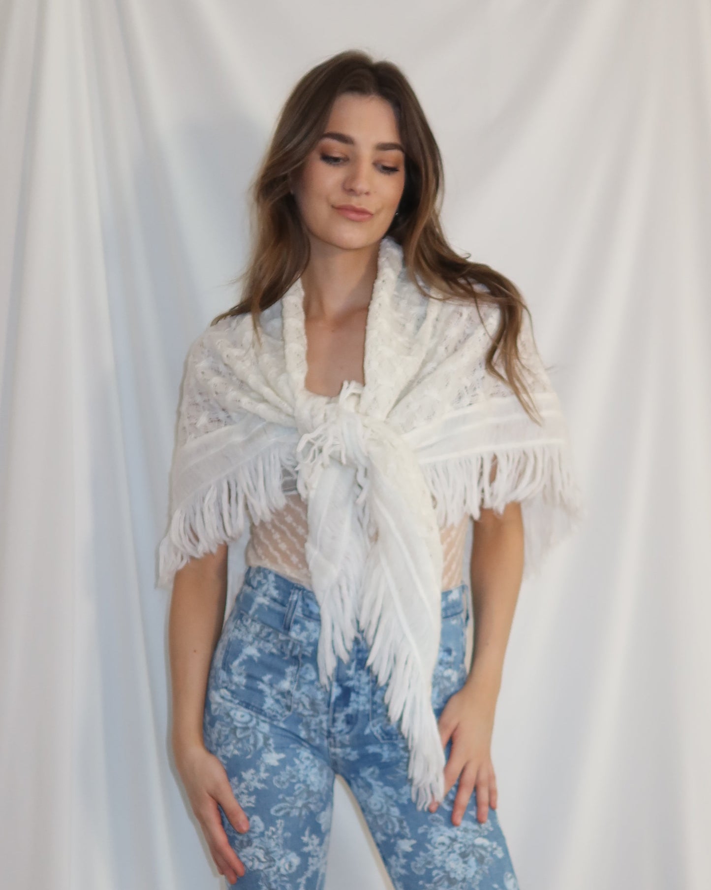 Handmade Pointelle Fringe Scarf/Cape