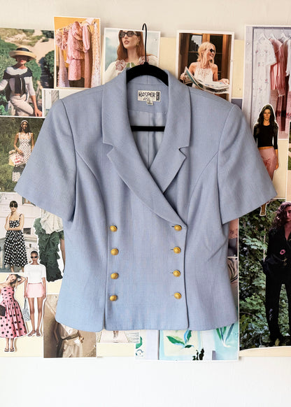 1980's Short Sleeve Double Breasted Light Blue Twill Shirt Jacket- Size 10