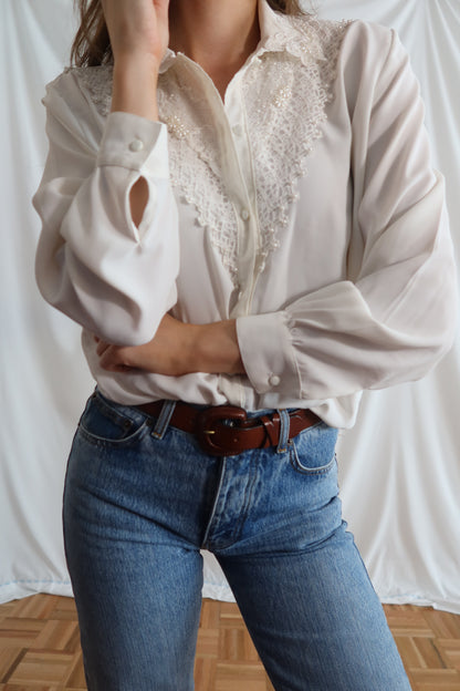 1980's Chiffon Embellished Button Down- Size S/M