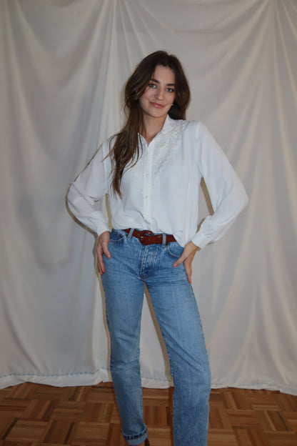 1980's Chiffon Embellished Button Down- Size S/M