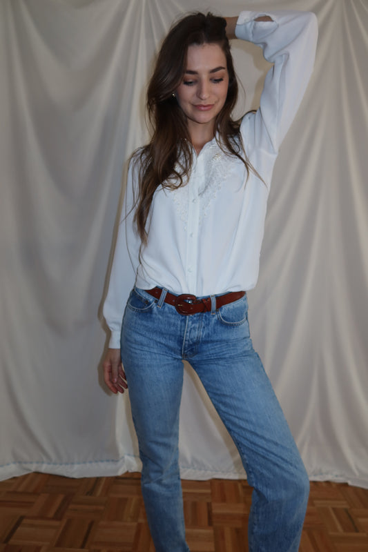 1980's Chiffon Embellished Button Down- Size S/M