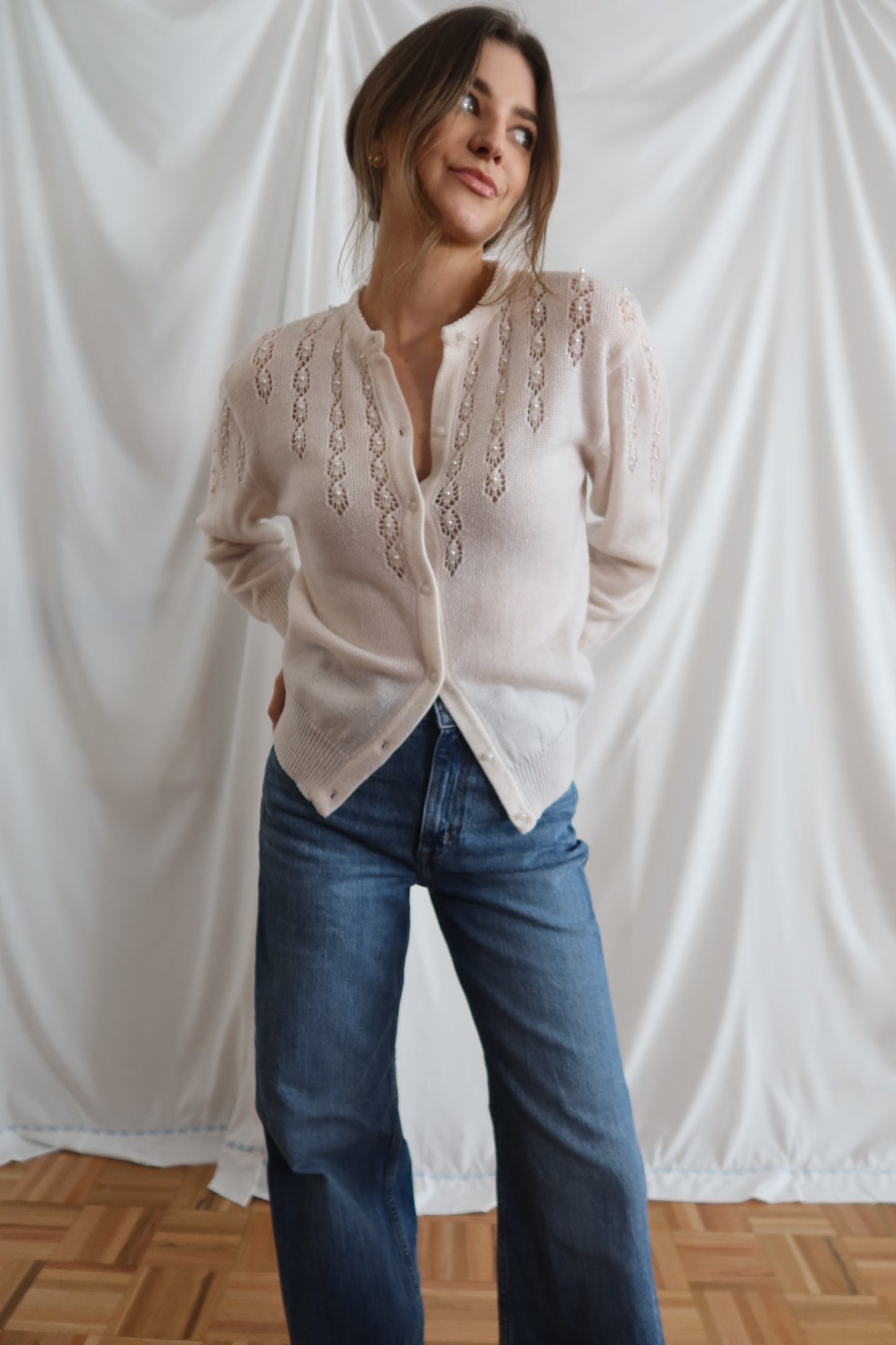 1980's Pointelle Pearl Detail Cardigan- Size M