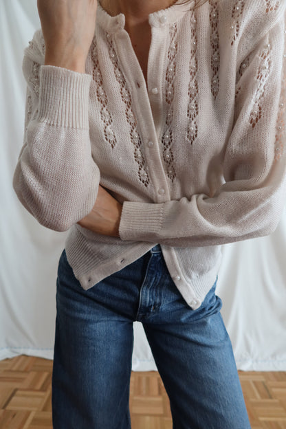 1980's Pointelle Pearl Detail Cardigan- Size M