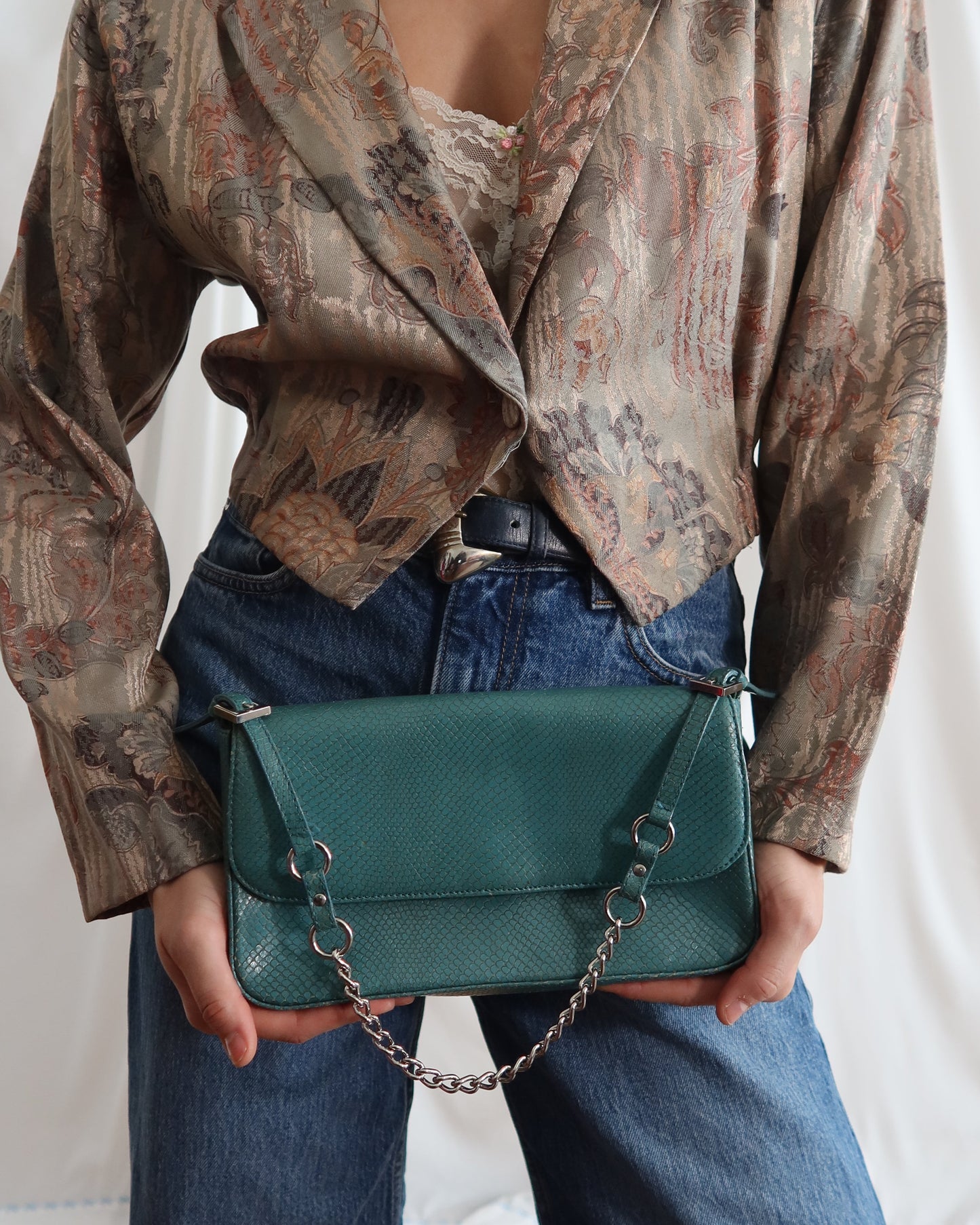 Teal Western Faux Snake-Skin Shoulder Bag