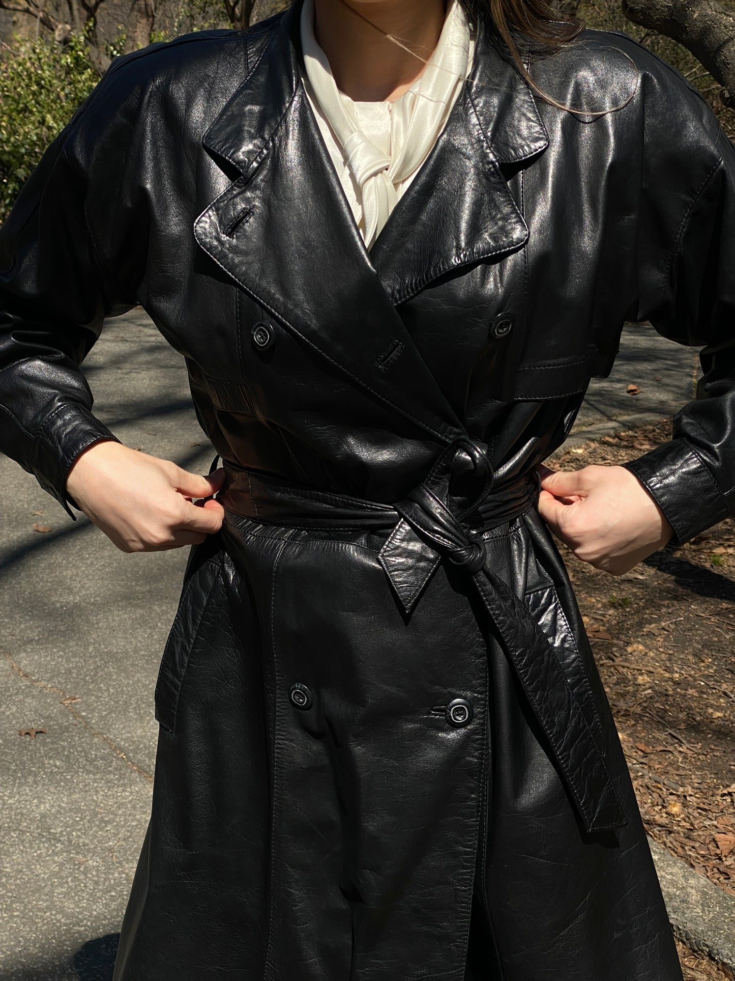 1980's Leather Double Breasted Trench Coat- Size S/M