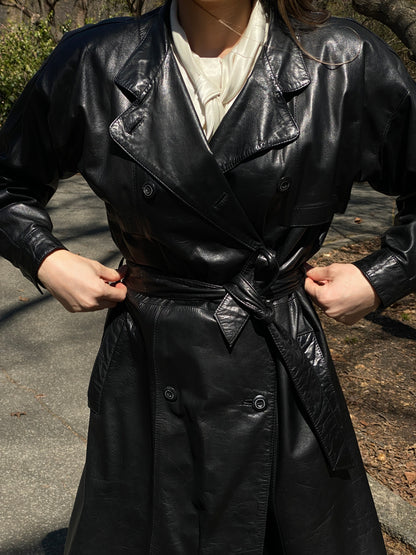 1980's Leather Double Breasted Trench Coat- Size S/M