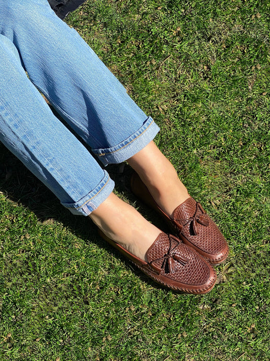 1990's Brown Woven Leather Tassel Loafers- Size 8.5