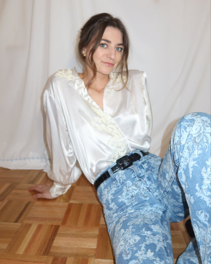 1980'S Satin Soutaché Button Down Blouse- Size L/XL