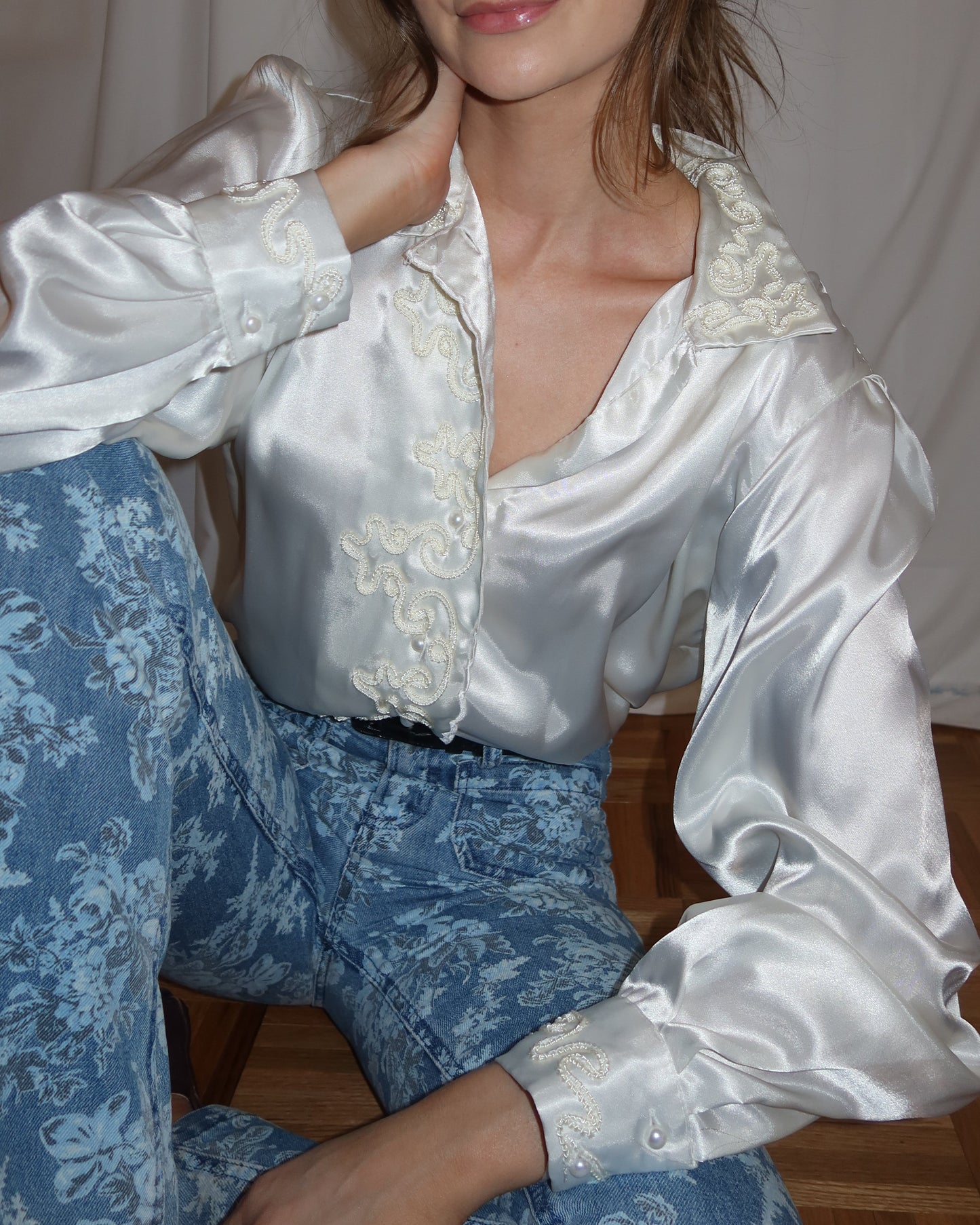1980'S Satin Soutaché Button Down Blouse- Size L/XL