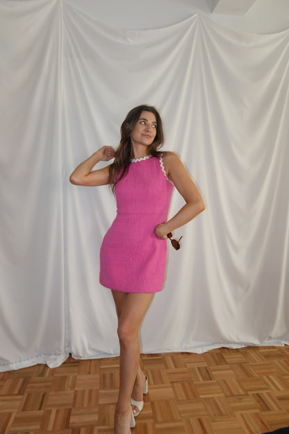 Y2K J.Crew Hot Pink Tweed Rickrack Trim Mini Dress- Size 4P