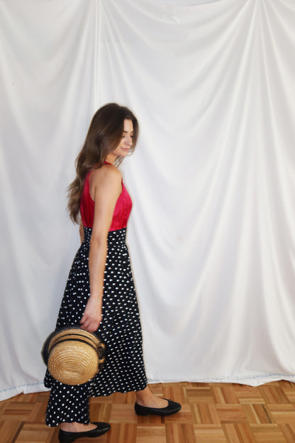 1980's Polka Dot & Pink Pop Midi Dress- Size 9/10