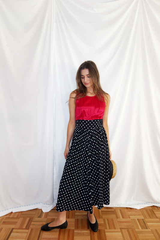 1980's Polka Dot & Pink Pop Midi Dress- Size 9/10