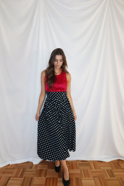 1980's Polka Dot & Pink Pop Midi Dress- Size 9/10