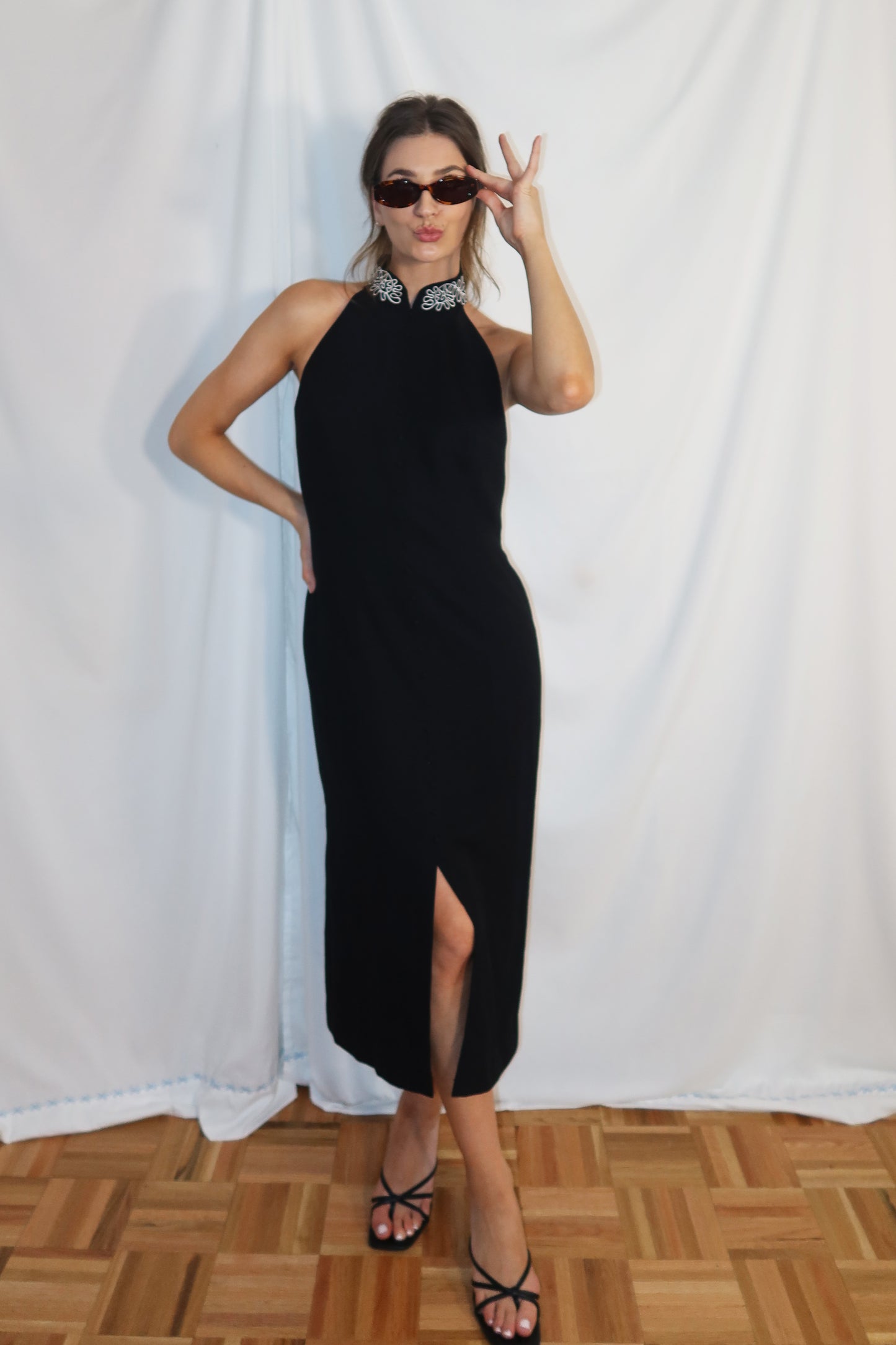 1990'S Button Front Mandarin Collar Midi Dress- Size 6 Petite