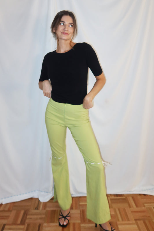 Y2K Caché Bow Detail Green Flare Pants- Size XS/S