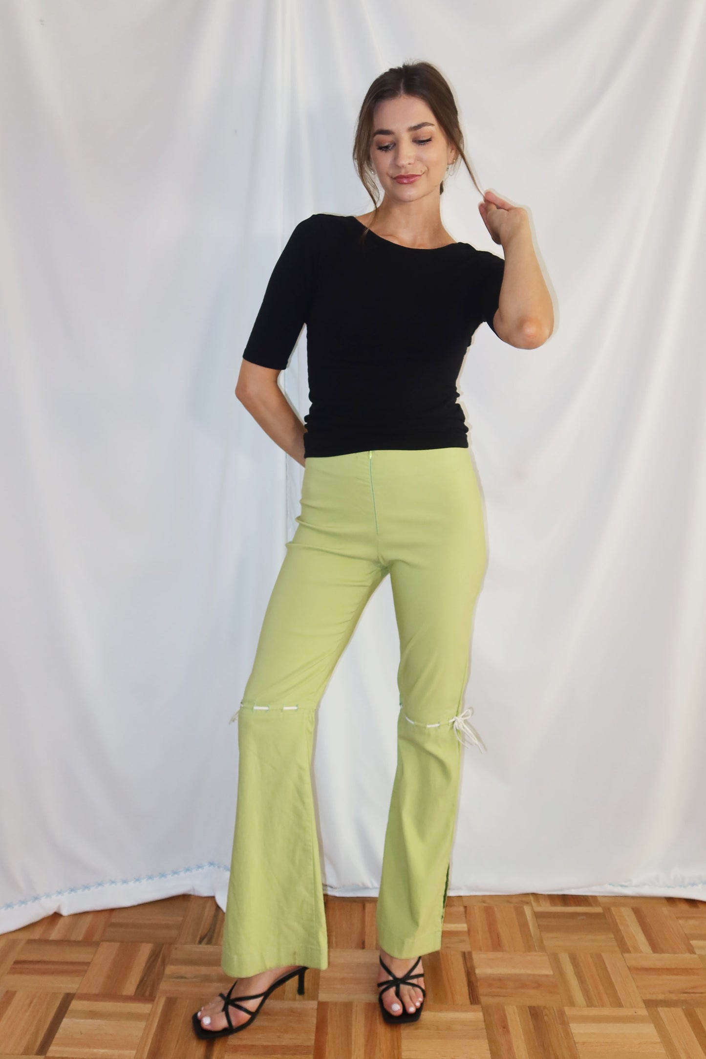 Y2K Caché Bow Detail Green Flare Pants- Size XS/S