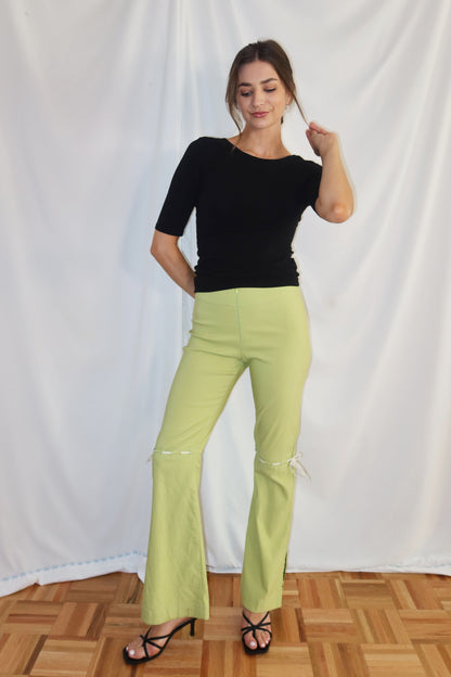 Y2K Caché Bow Detail Green Flare Pants- Size XS/S