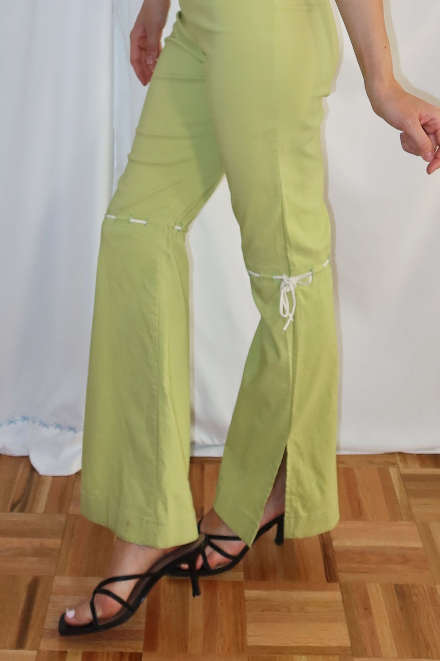 Y2K Caché Bow Detail Green Flare Pants- Size XS/S