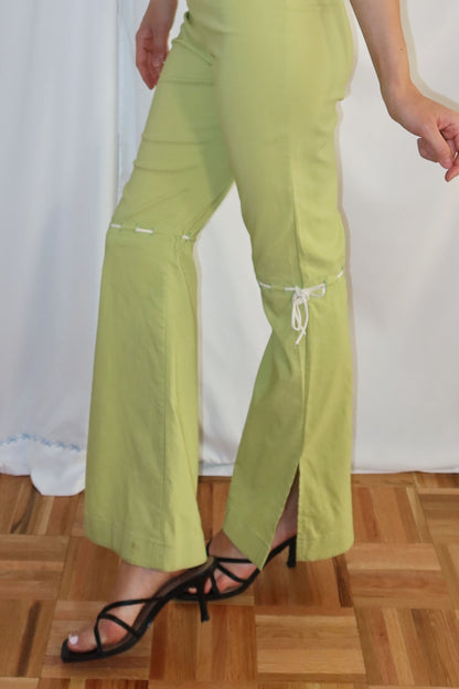 Y2K Caché Bow Detail Green Flare Pants- Size XS/S