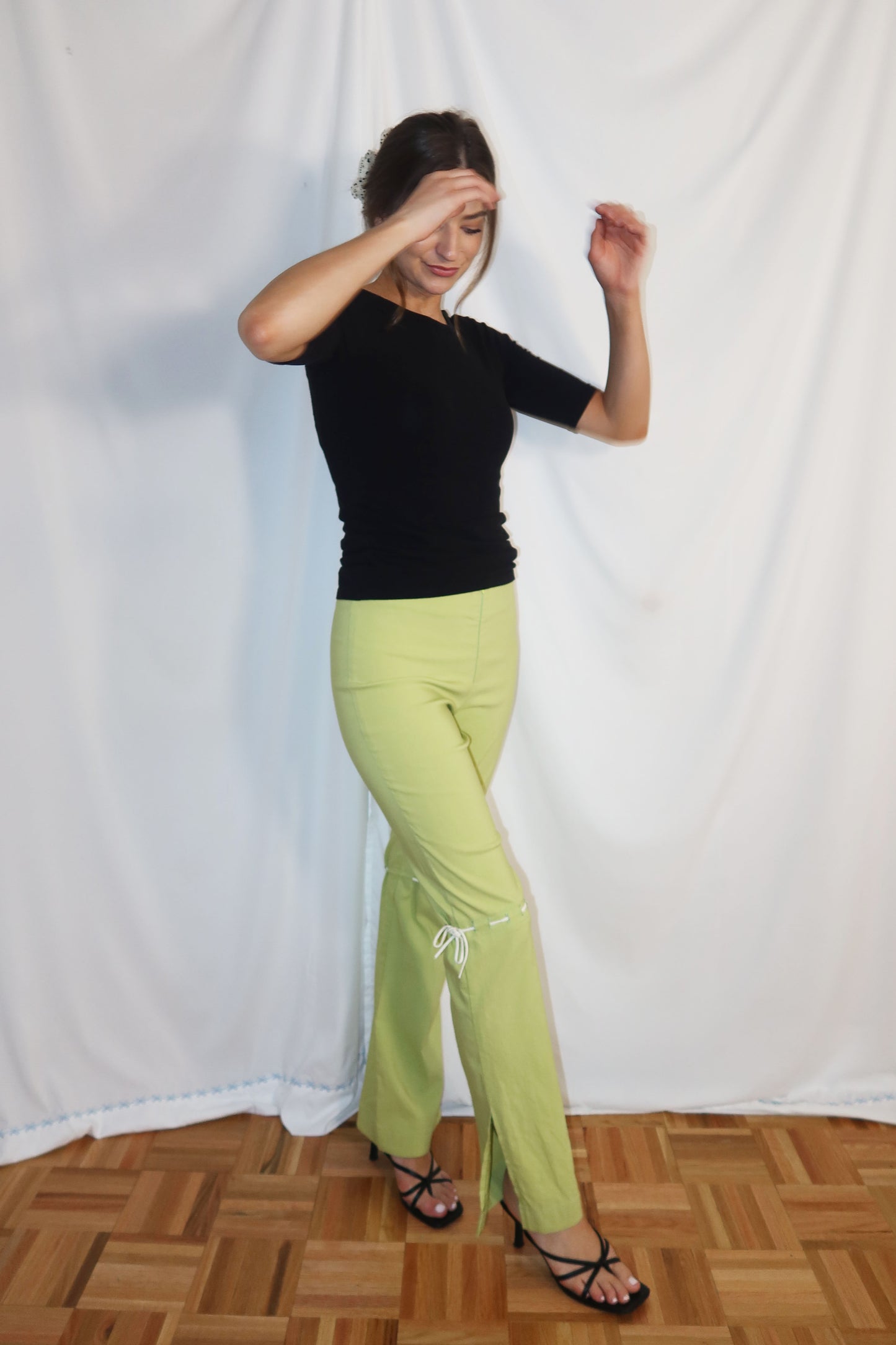 Y2K Caché Bow Detail Green Flare Pants- Size XS/S