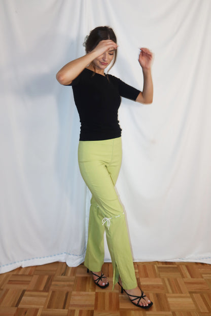 Y2K Caché Bow Detail Green Flare Pants- Size XS/S