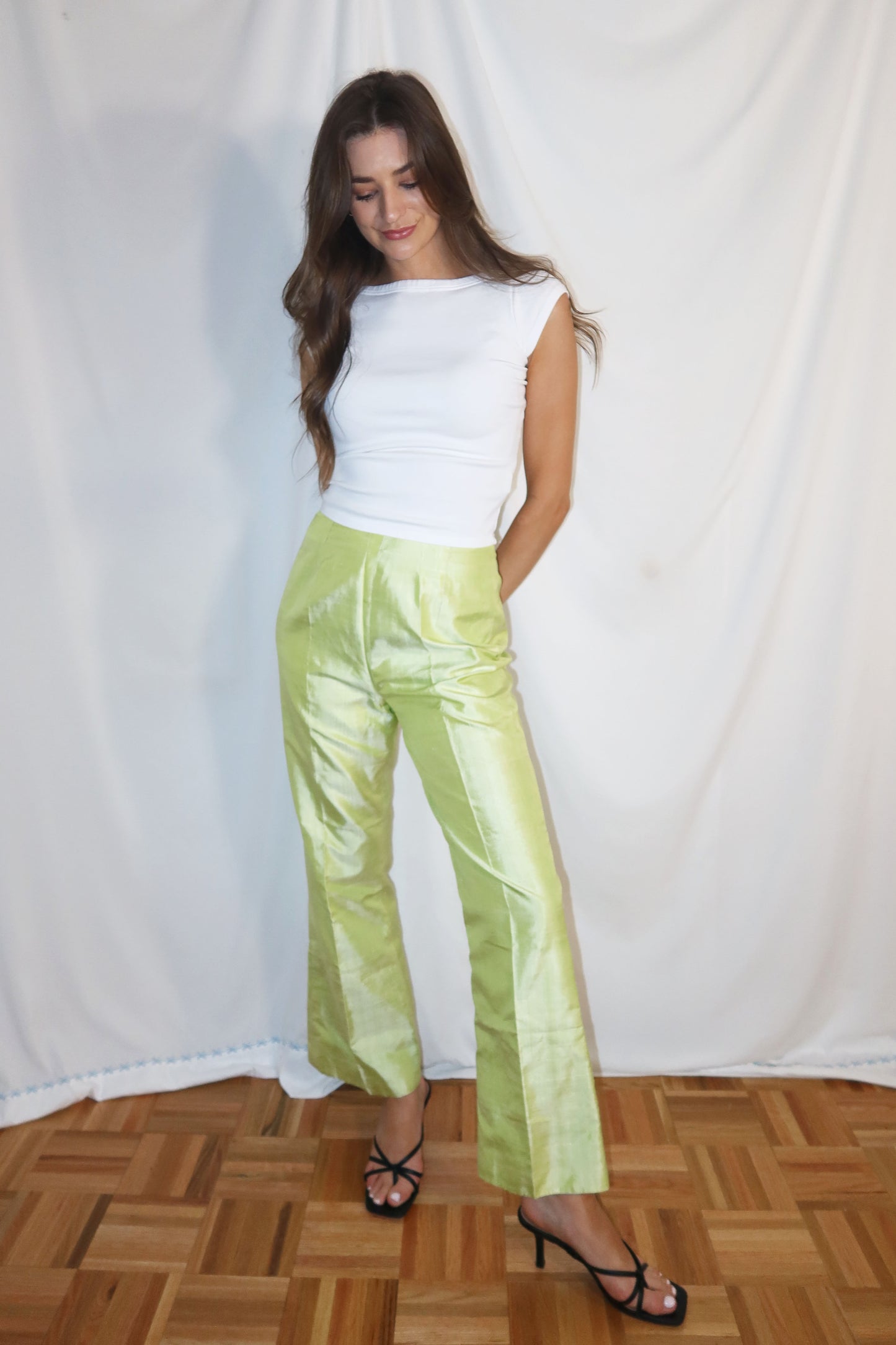 1990's Light Lime Green High-Waisted Cigarette Pants- Size S