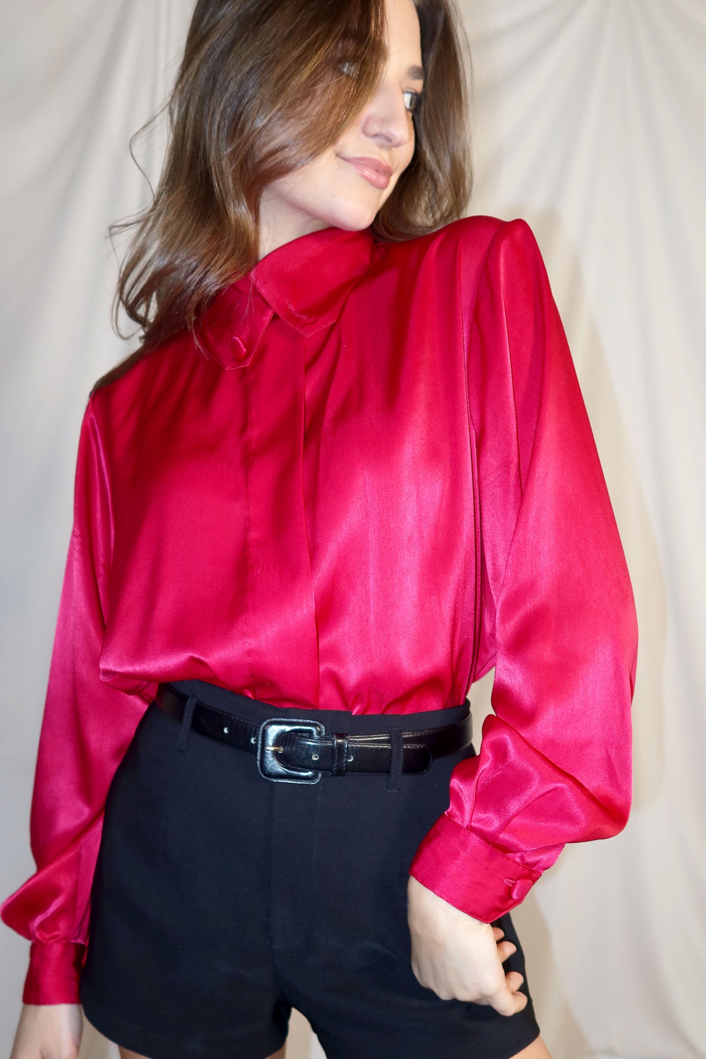 1980's Satin Collared Long Sleeve Blouse- Size 14/L