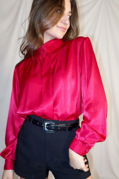 1980's Satin Collared Long Sleeve Blouse- Size 14/L